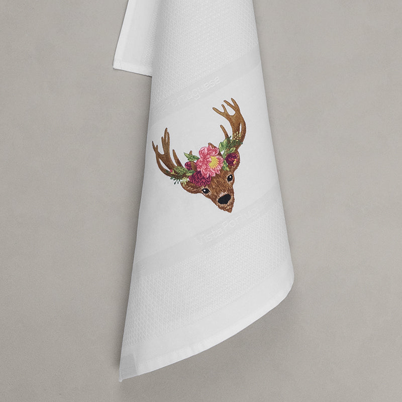 Geschirrtuch Hirsch mit Blumen, weiß