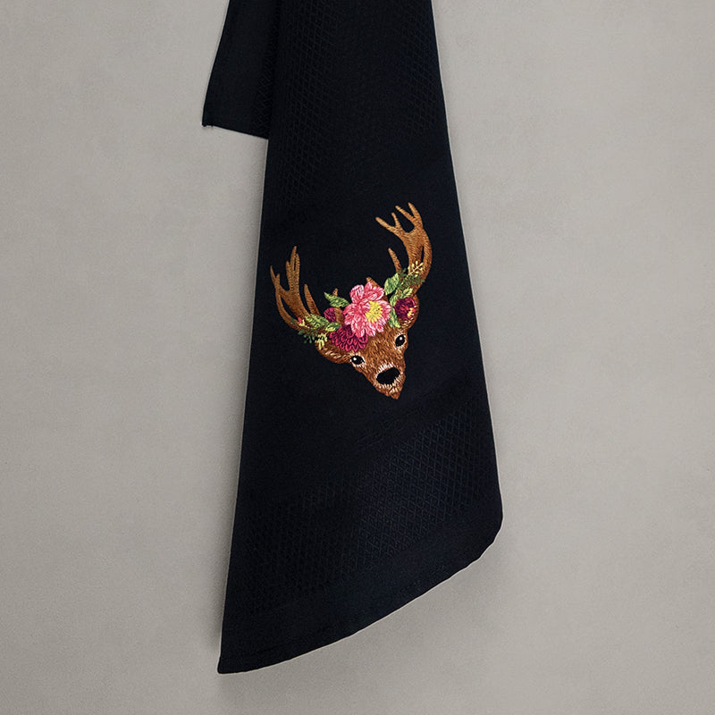 Geschirrtuch Hirsch mit Blumen, schwarz