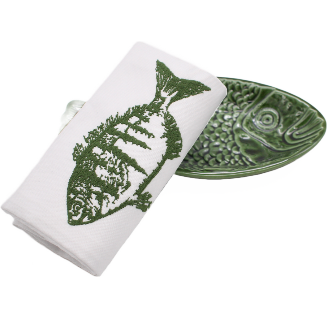 Vista Portuguese Keramikfischplatte und Geschirrtuch Doradenmotiv in dunkelgrün
